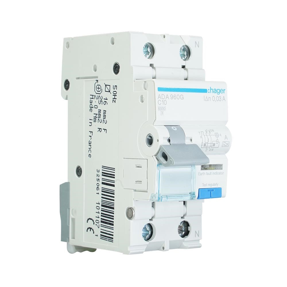 Hager aardlekautomaat 1-polig+nul 10A C-kar 30mA (ADA960G)