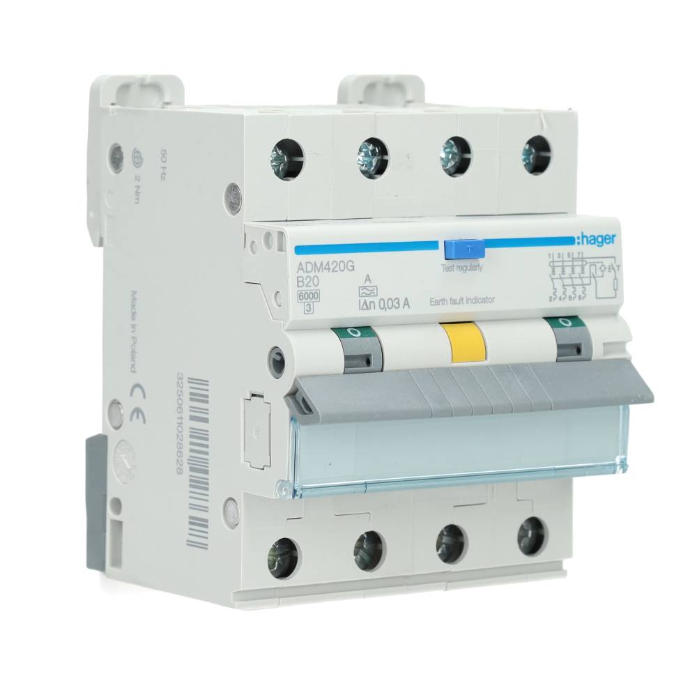 Hager aardlekautomaat B20 30mA 3-fase (4P) 6kA (ADM420G)