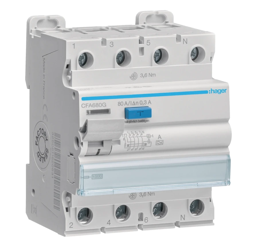 Hager aardlekschakelaar 4-polig 80 A 300 mA klasse A (CFA680G)