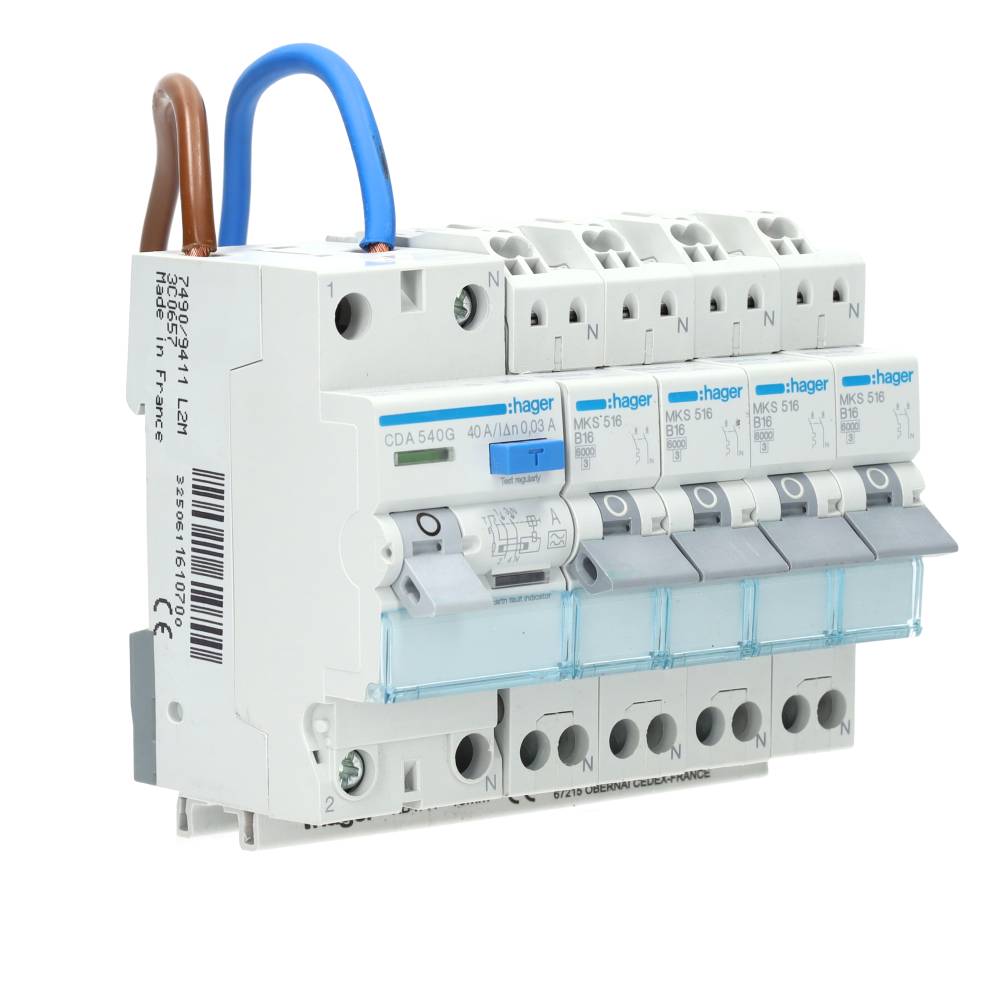 Hager 1 aardlekschakelaar 2-polig 40A 30mA + 4 installatieautomaten 16A 30mA (VKS04COMBI)