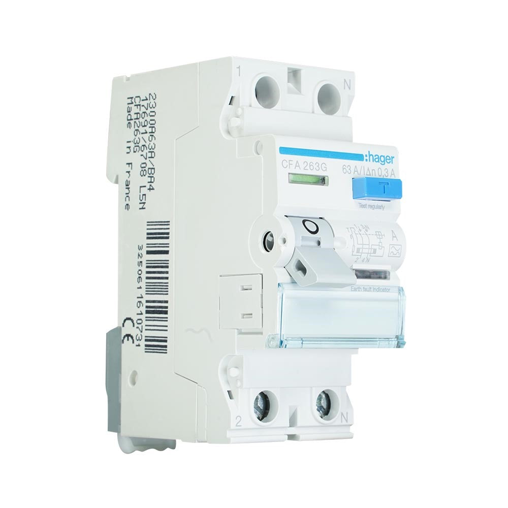 Hager aardlekschakelaar 2-polig 63A 300Ma type A (CFA263G)