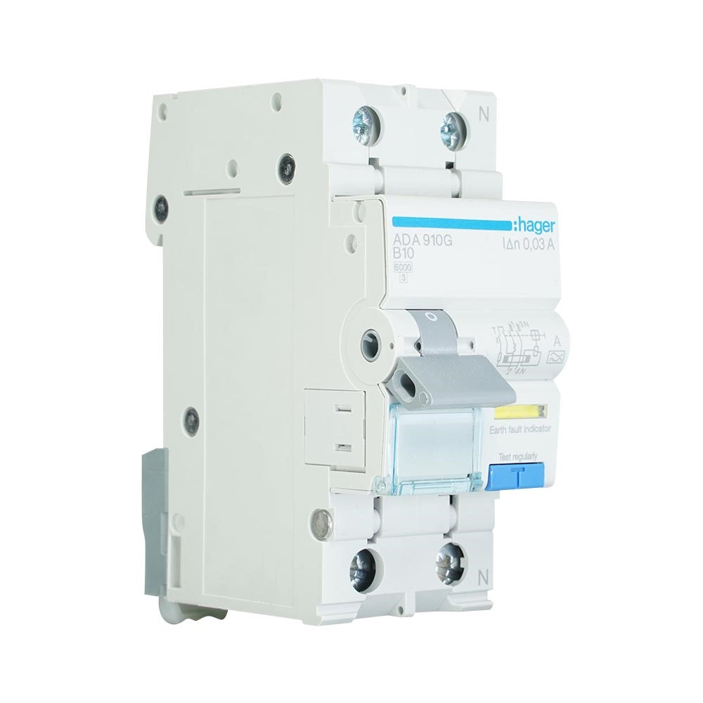 Hager aardlekautomaat 1-polig+nul 10A B-kar 30mA (ADA910G)