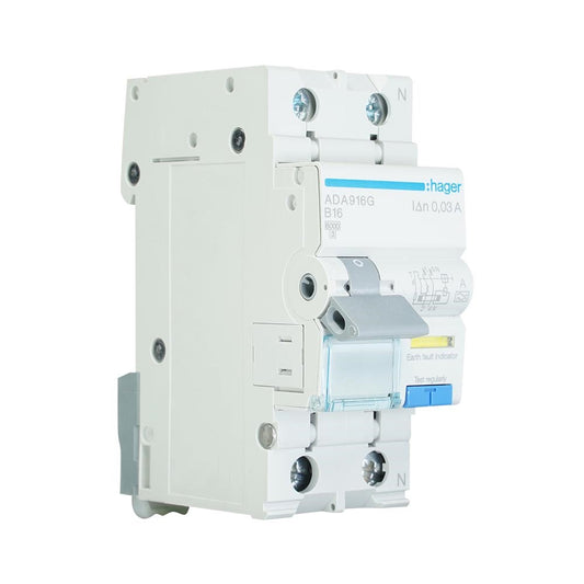 Hager aardlekautomaat 16A 30mA type A 1-fase (1P+N) 6kA (ADA916G)