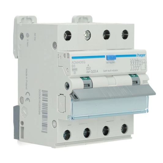 Hager aardlekautomaat 4-polig 6A B-kar 30mA (ADM406G)