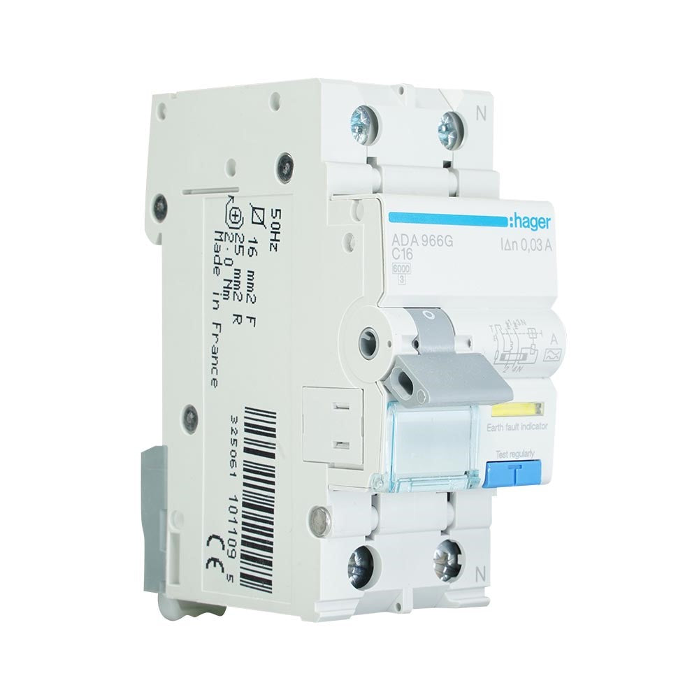 Hager aardlekautomaat C16 30mA 1-fase (1P+N) 6kA (ADA966G)