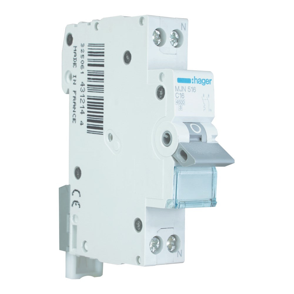 Hager installatieautomaat 1-polig+nul 16A C-kar 4,5kA (MJN516)