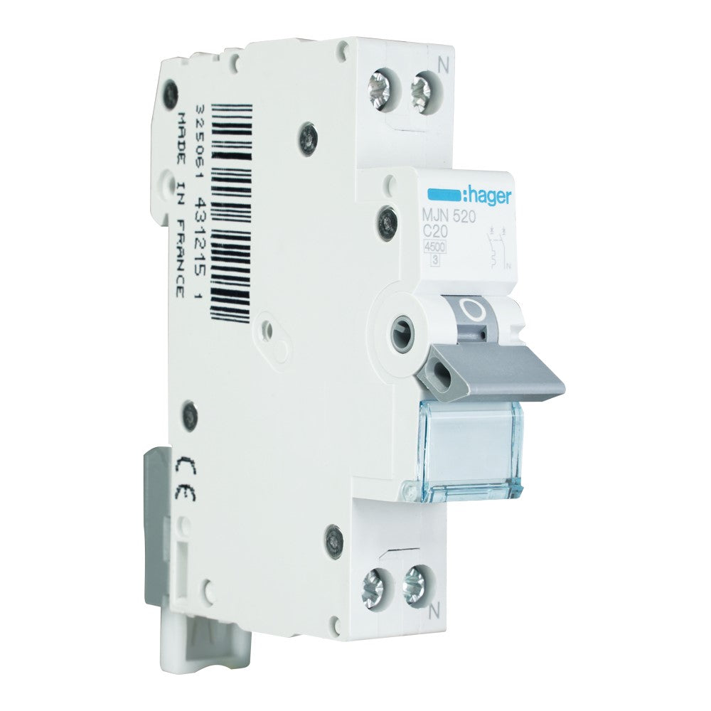 Hager installatieautomaat 1-polig+nul 20A C-kar 4,5kA (MJN520)