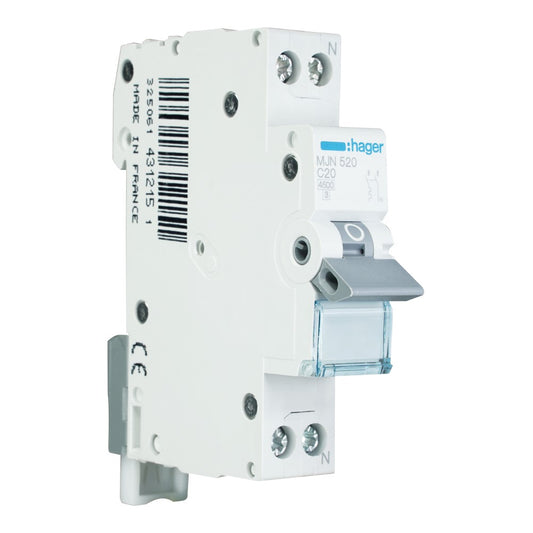 Hager installatieautomaat 1-polig+nul 20A C-kar 4,5kA (MJN520)
