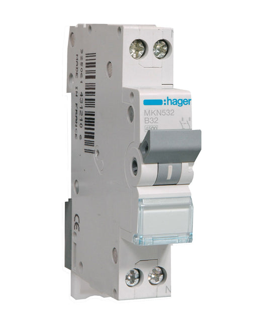 Hager installatieautomaat 1-polig + nul 32A B-kar (MKN532)